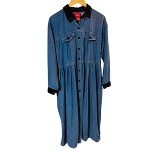 VENEZIA Jeans Denim Dress Velour Accents on Collar Buttons Hem of Sleeves Women